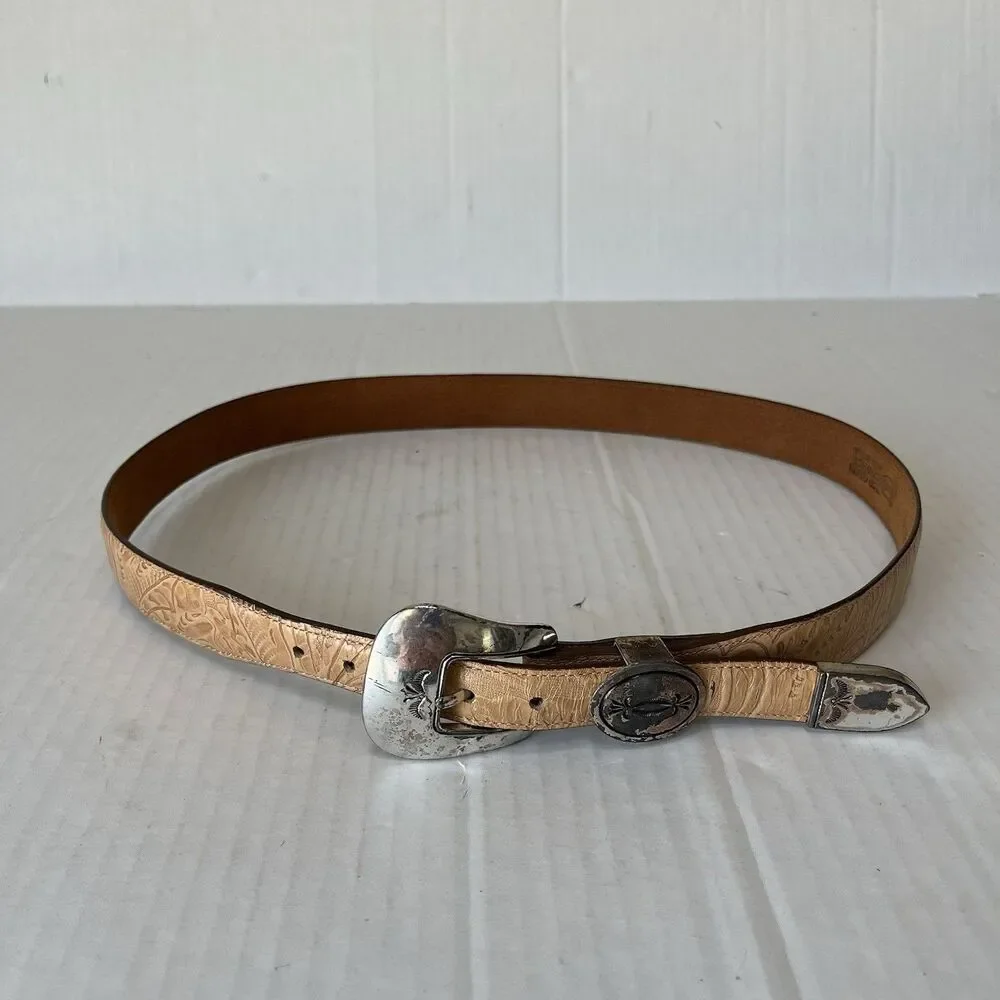 VTG 90s JUSTIN Top Grain Cowhide Leather Belt Tooled Floral Western Cowboy USA